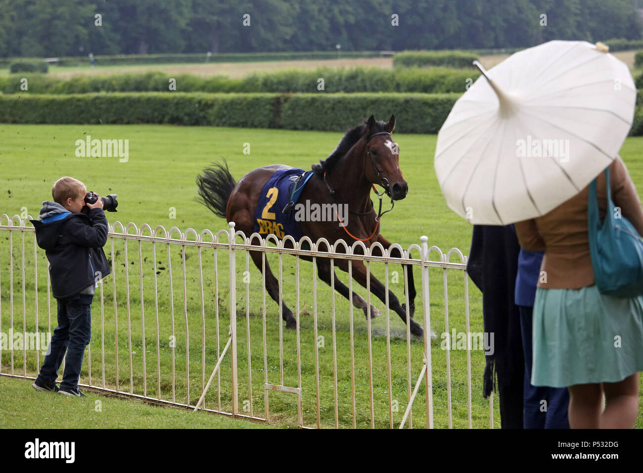 Hoppegarten, Brandenburg, Manipur stops in front of an umbrella without a rider Stock Photo