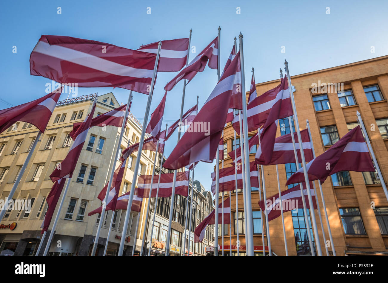 Flags of Latvia in Riga Stock Photo