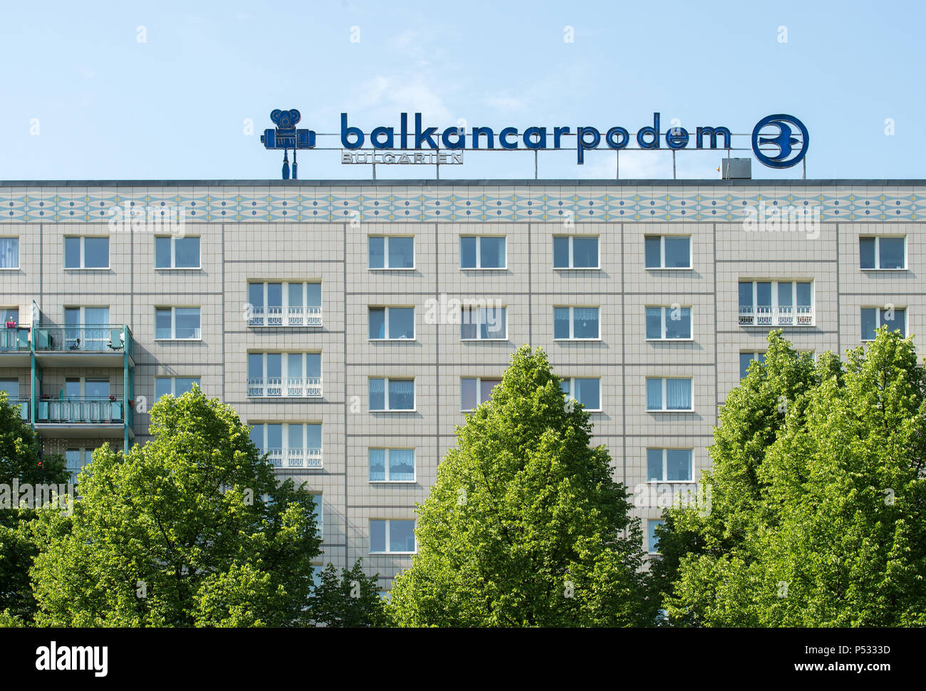 Historical advertising from GDR times for BALKANCARPODEM BULGARIA on a panel in Karl-Marx-Allee Stock Photo
