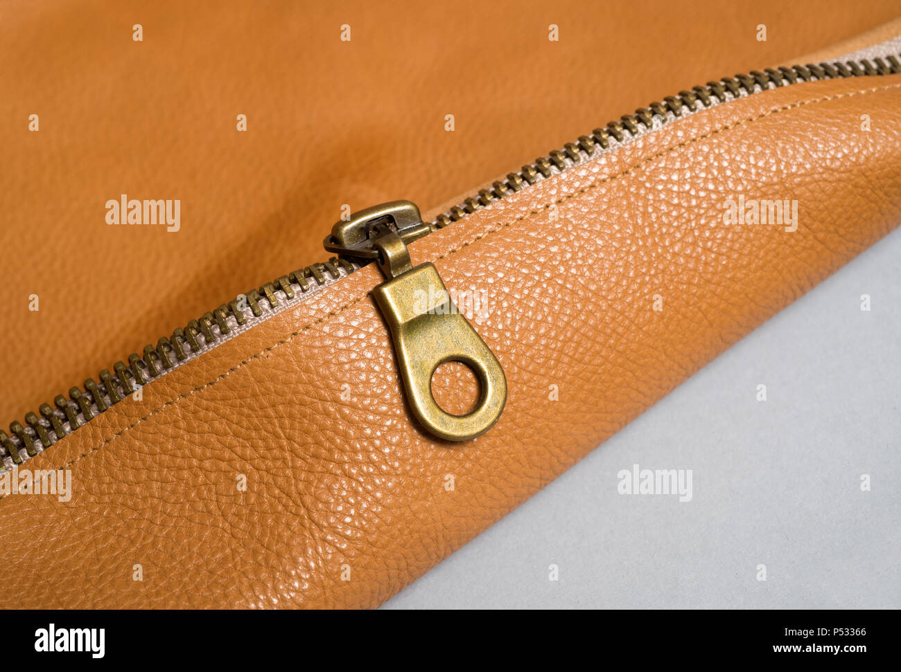 Brown leather bag with zipper. Stock Photo