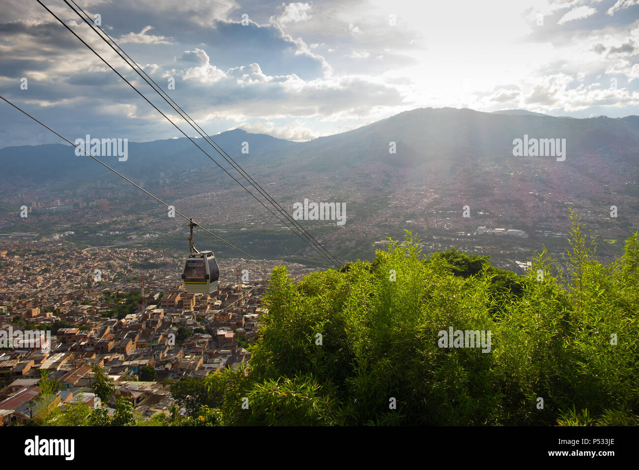 Panoramic view of Medellin Colombia and the Metro Cable from Santo Domingo Stock Photo