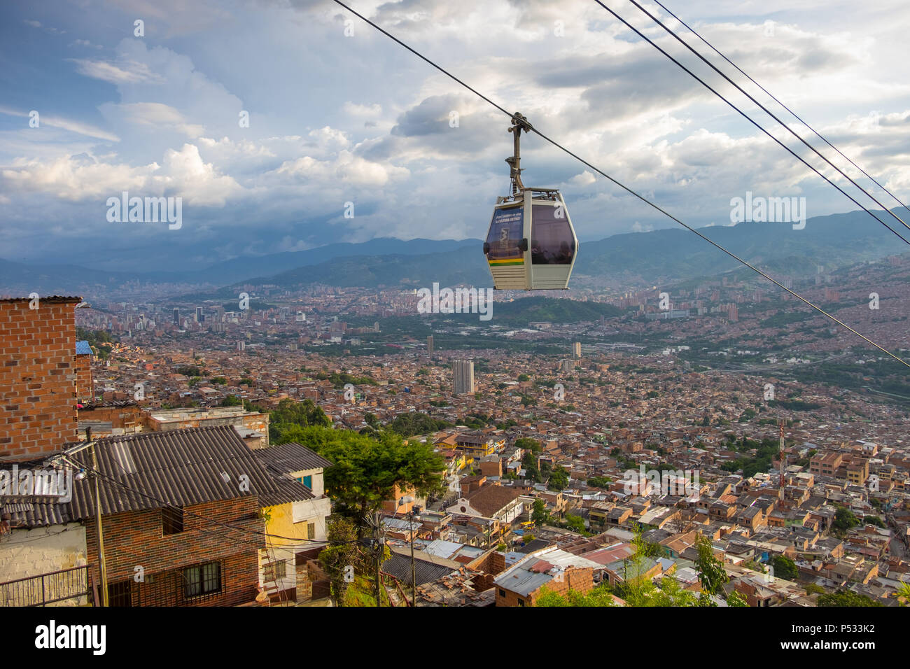 Panoramic view of Medellin Colombia and the Metro Cable from Santo Domingo Stock Photo