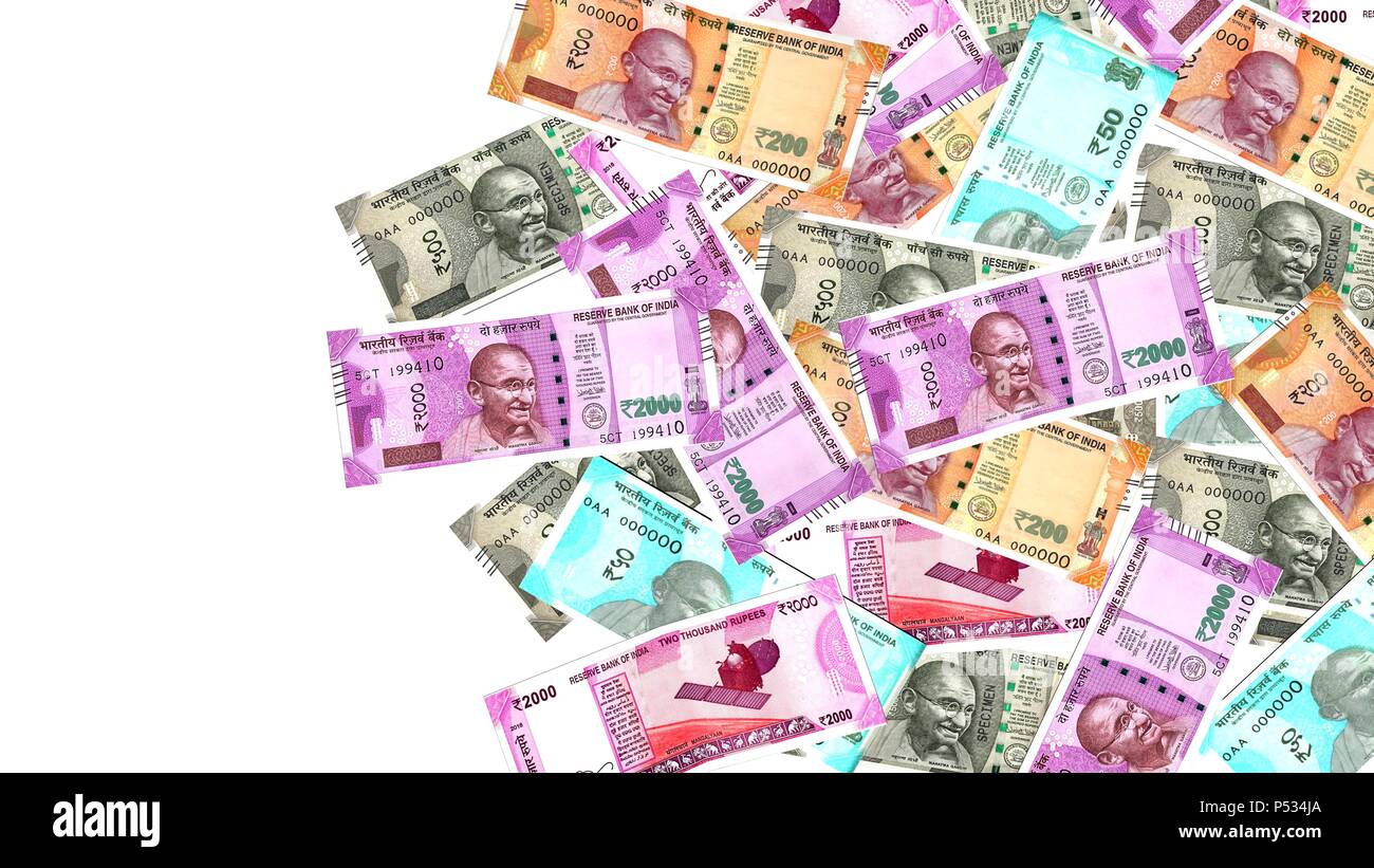 Top view of Indian currency 50, 200, 500 and 2000 rupees new bank notes on white background, finance bank note cash colorful economy wealth Stock Photo