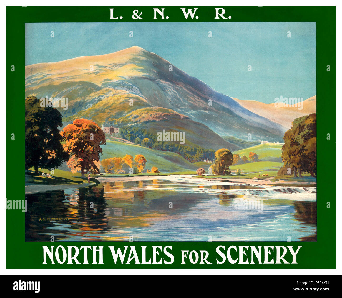 Vintage 1930’s Rail Poster North Wales L.&N.W.R. London & North Western Railway with rural countryside scene of river rapids and mountains. “NORTH WALES for SCENERY” Stock Photo