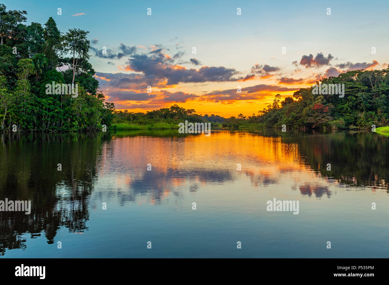 Reflection of a sunset in the Amazon Rainforest Basin. Countries of Brazil, Bolivia, Colombia, Ecuador, Peru, Venezuela, Guyana and Suriname. Stock Photo