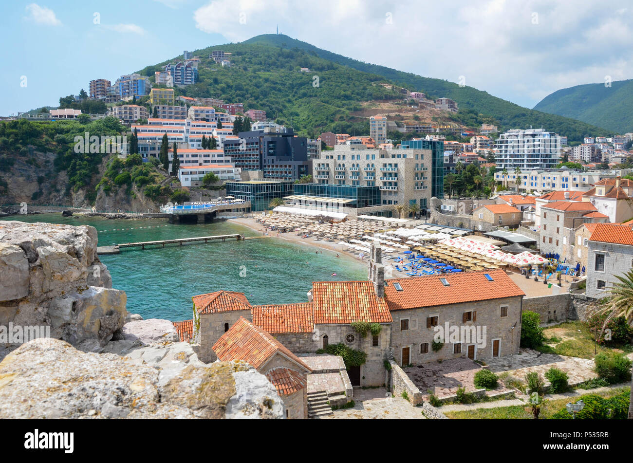 Old Town beach, viewed from the Citadel, Budva, Montenegro, Adriatic Coast, Balkans, May 2018 Stock Photo