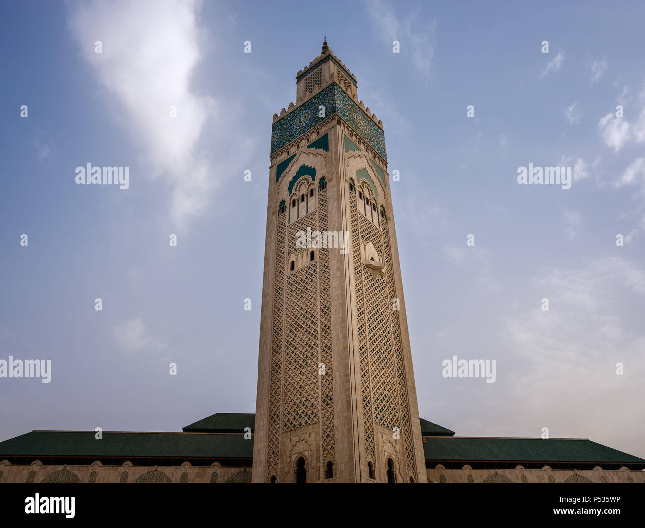 CASABLANCA, MOROCCO - CIRCA APRIL 2017: Minaret of Mosque Hassan II in Casablanca. Stock Photo