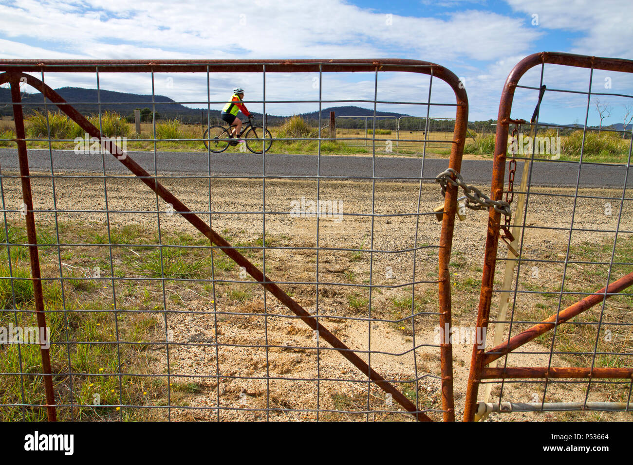 Cycling on the Tasman Highway along the east coast of Tasmania Stock Photo