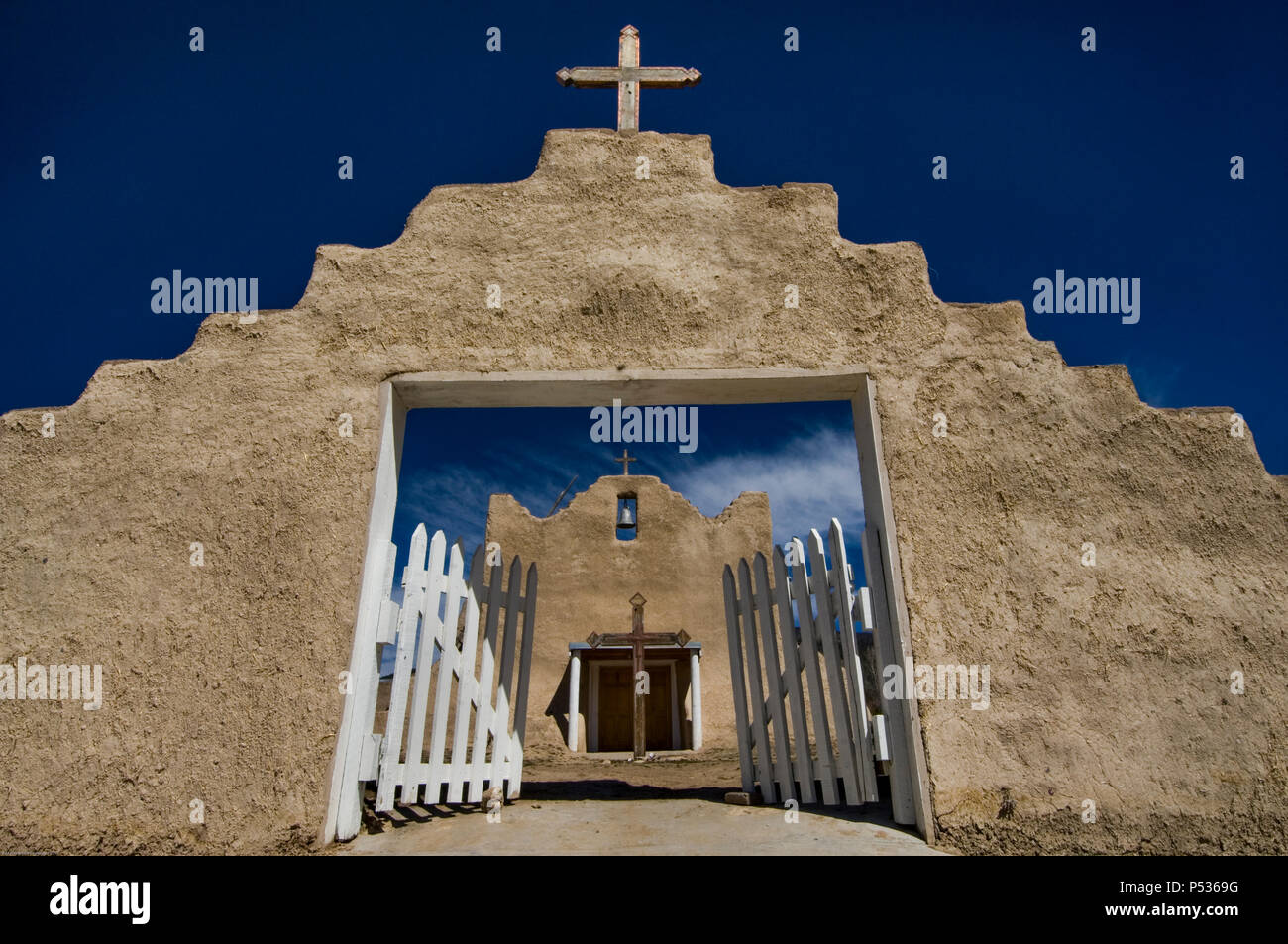 The open entrance gate of the San Lorenzo mission in Picurís Pueblo, NM. Stock Photo