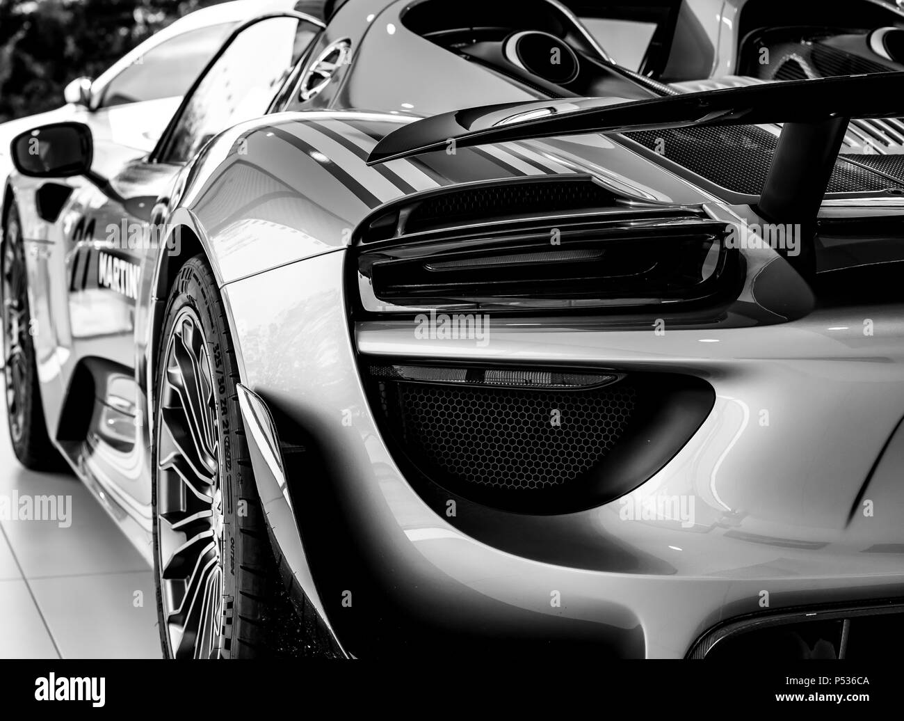The back of a modern Porsche 918 Hypercar Stock Photo