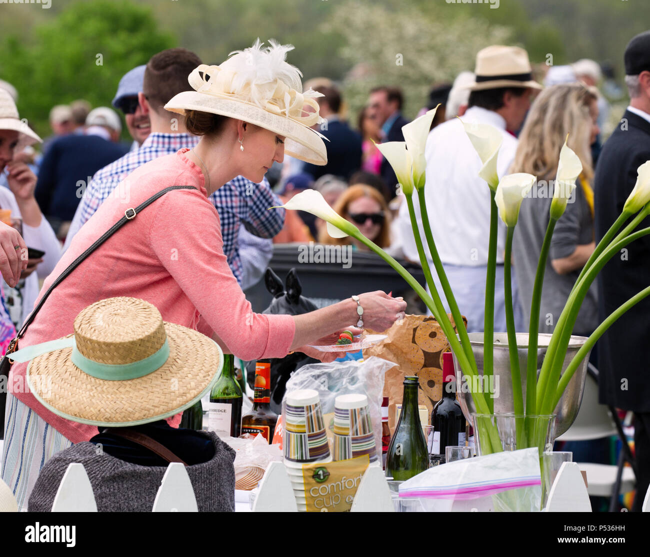 The Plains, Virginia/USA-5-19-17: Woman wears fashionable hat at a tailgate party at The Virginia Gold Cup. Stock Photo