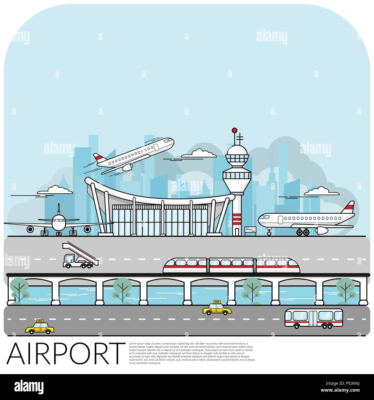 simple vector illustration of busy airport  terminal with airplane take off , landing and parking include transportation around the airport. travel co Stock Vector