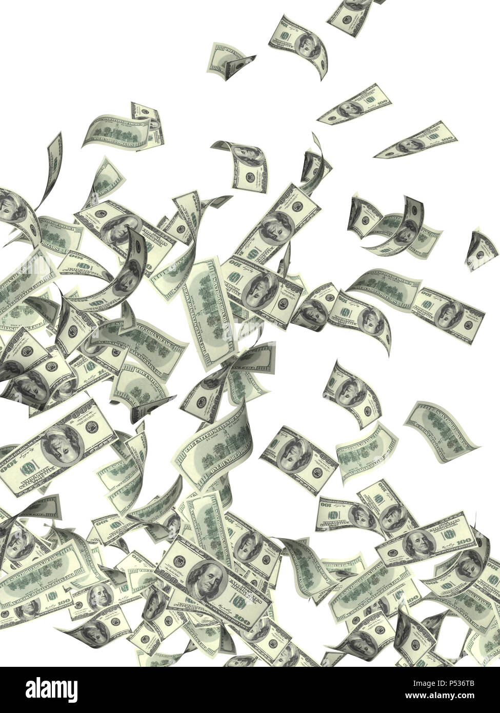 Flying banknotes of hundred dollars. Isolated on white background. 3d ...