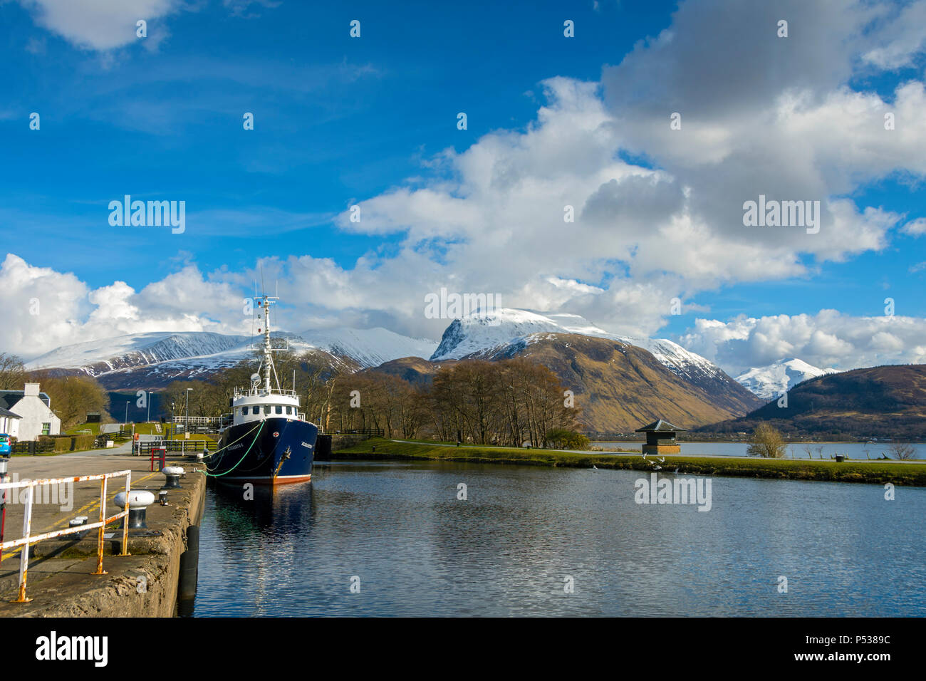 Ben Nevis from the Caledonian Canal at Corpach near Fort William, Highland Region, Scotland, UK.  The boat is the Elizabeth G. Stock Photo