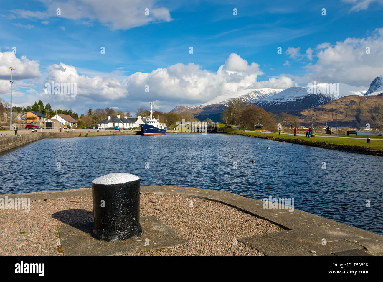 The Caledonian Canal at Corpach near Fort William, Highland Region, Scotland, UK.  The boat is the Elizabeth G. Stock Photo