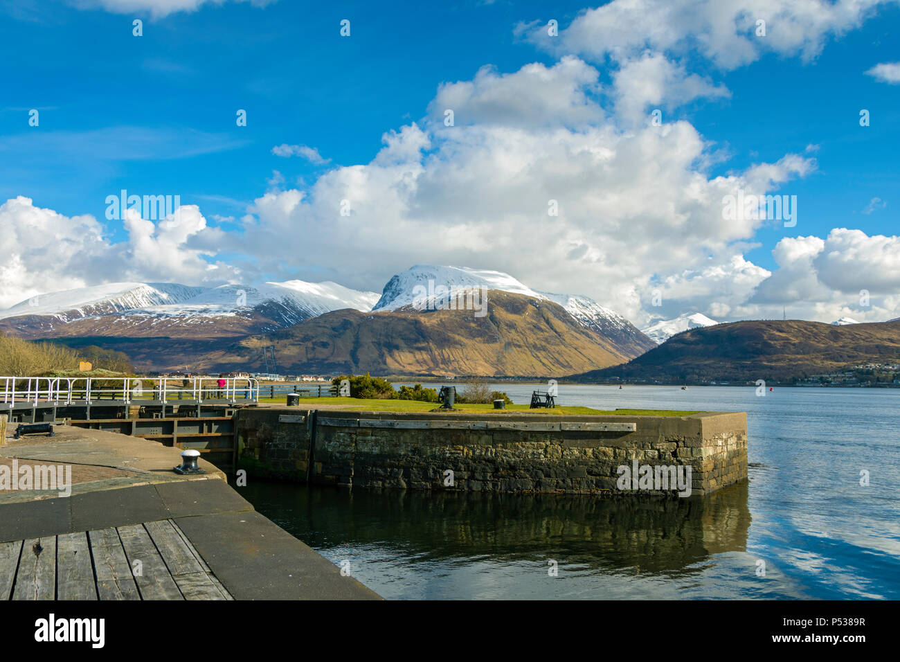 Ben Nevis from the sea loch on the Caledonian Canal at Corpach near Fort William, Highland Region, Scotland, UK Stock Photo