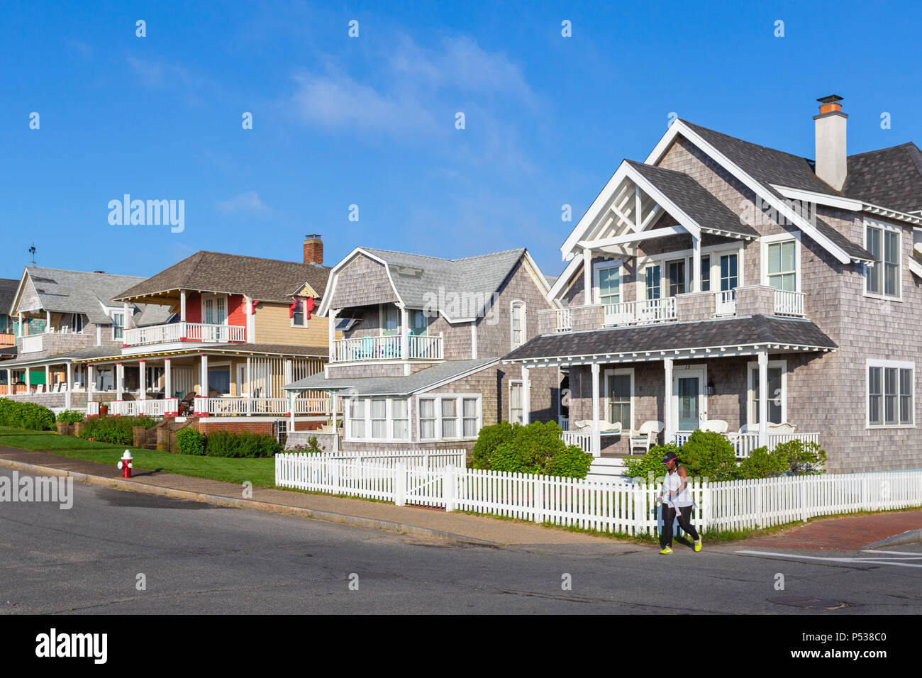 Homes, many available for summer rentals, on Ocean Avenue in Oak Bluffs, Massachusetts on Martha's Vineyard. Stock Photo