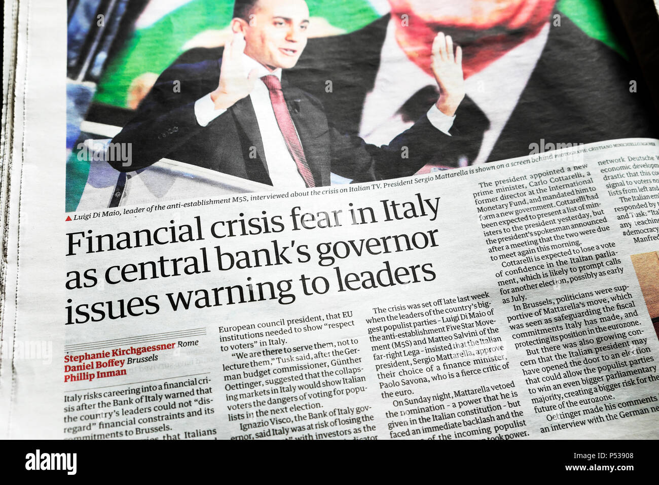 Guardian newspaper headline 'Financial crisis fear in Italy as central bank's governor issues warning to leaders' 2018 Stock Photo