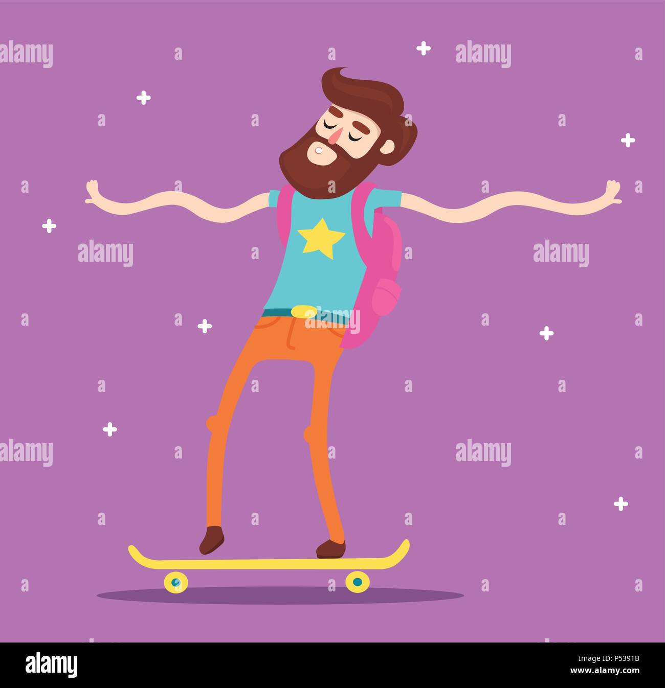 Vector hipster man character with beard riding longboard skateboard. Stock Vector