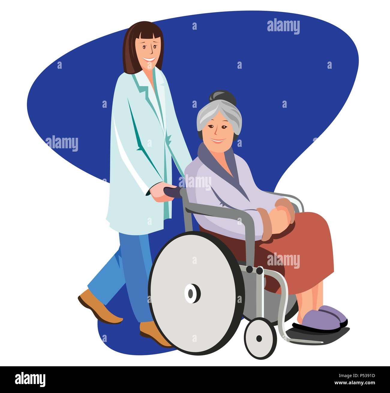 Female nurse helping caring for elderly woman. Vector flat illustration isolated on white. Stock Vector