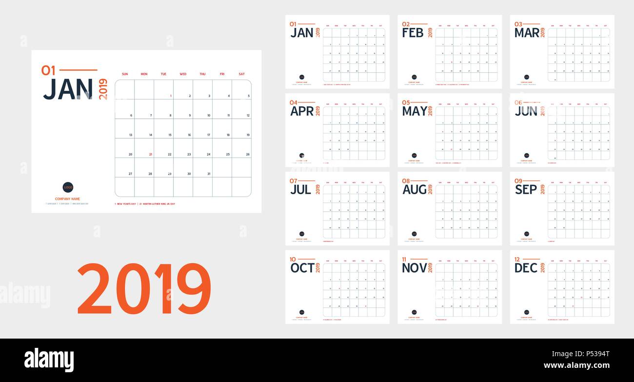 Vector of 2019 new year calendar in clean minimal table simple style and blue and orange color,Holiday event planner,Week Starts Sunday.include holida Stock Vector