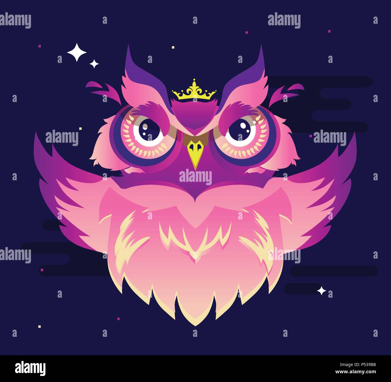 Decorative Vector Owl in vibrant color on a purple background. Bird illustration Stock Vector