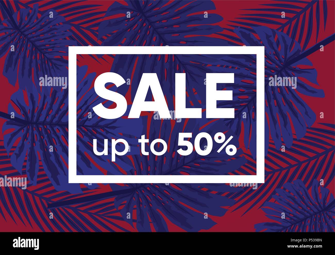 Summer sale banner with exotic jungle plant, tropical exotic palm