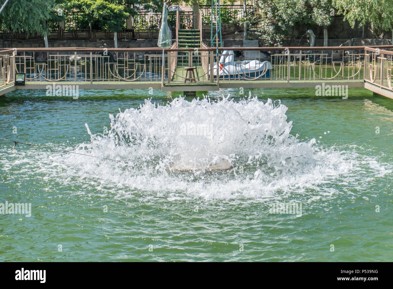 Beautiful fountain on water lake. Stock Photo