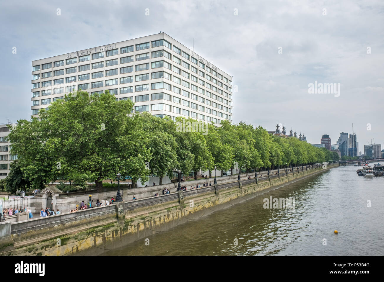 St Thomas hospital next to the river Thames at Westminster bridge, London, England. Stock Photo