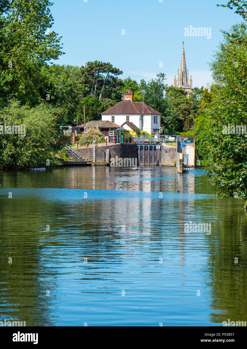 View of All Saints Church, Marlow Lock, River Thames, Marlow, Buckinghamshire, England, UK, GB. Stock Photo