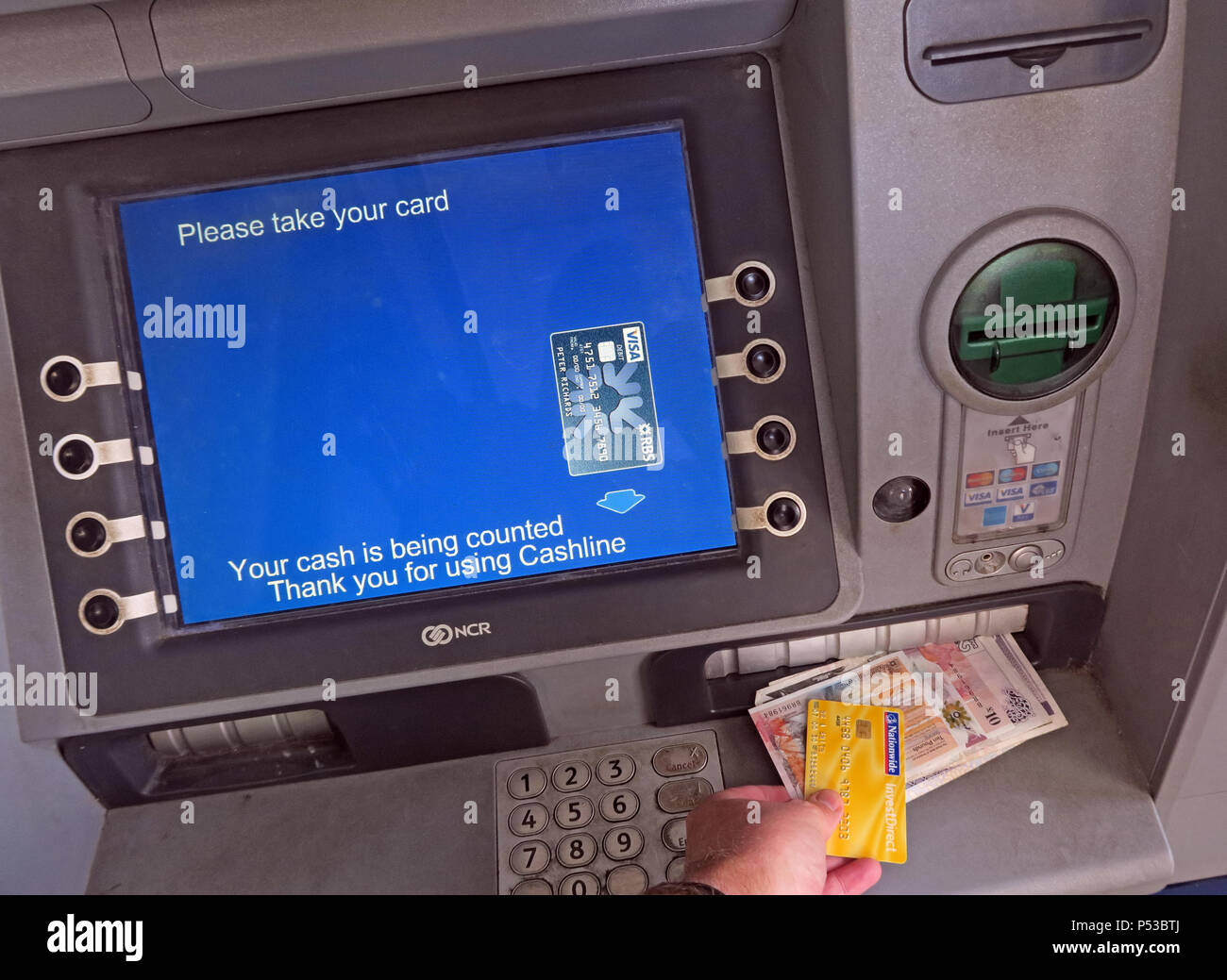Cashline ATM Automatic Teller Machine, dispensing Bank of Scotland Scottish sterling banknotes, Glasgow, Scotland, UK Stock Photo