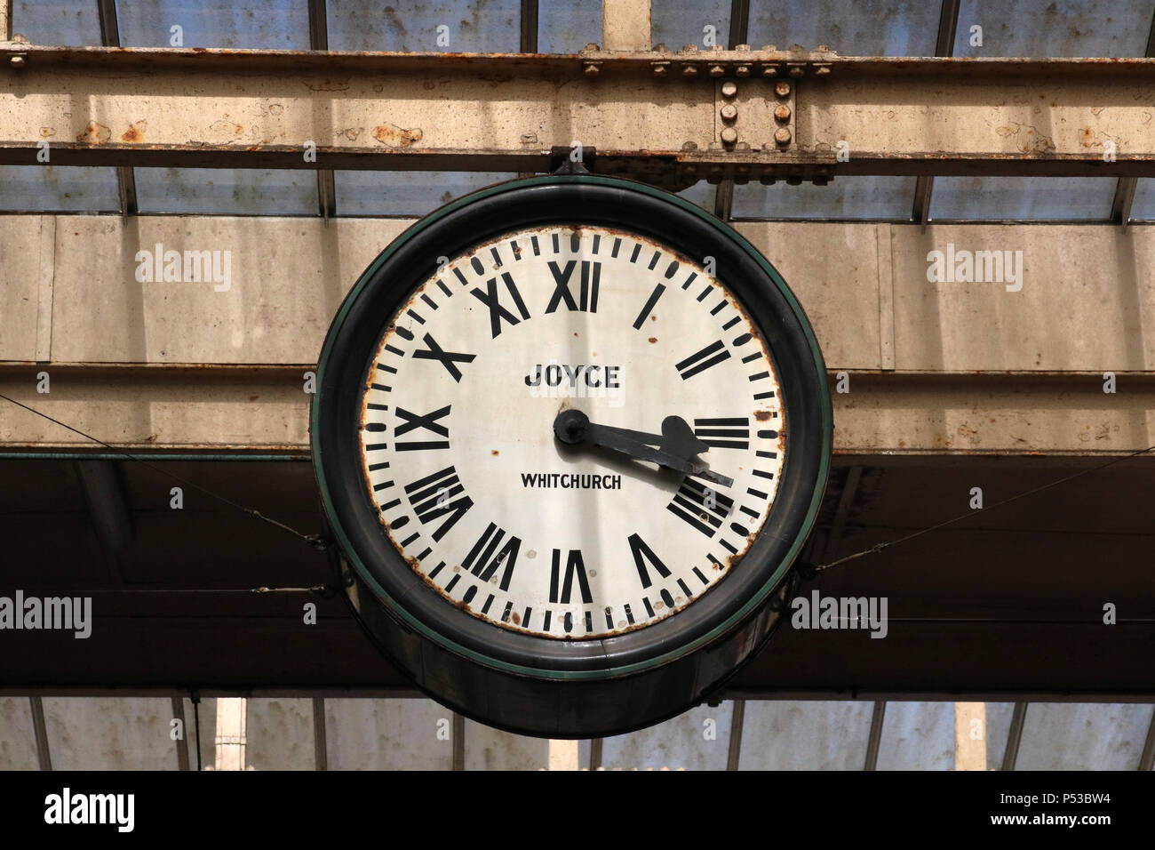 View of the famous station clock at Carnforth railway station that