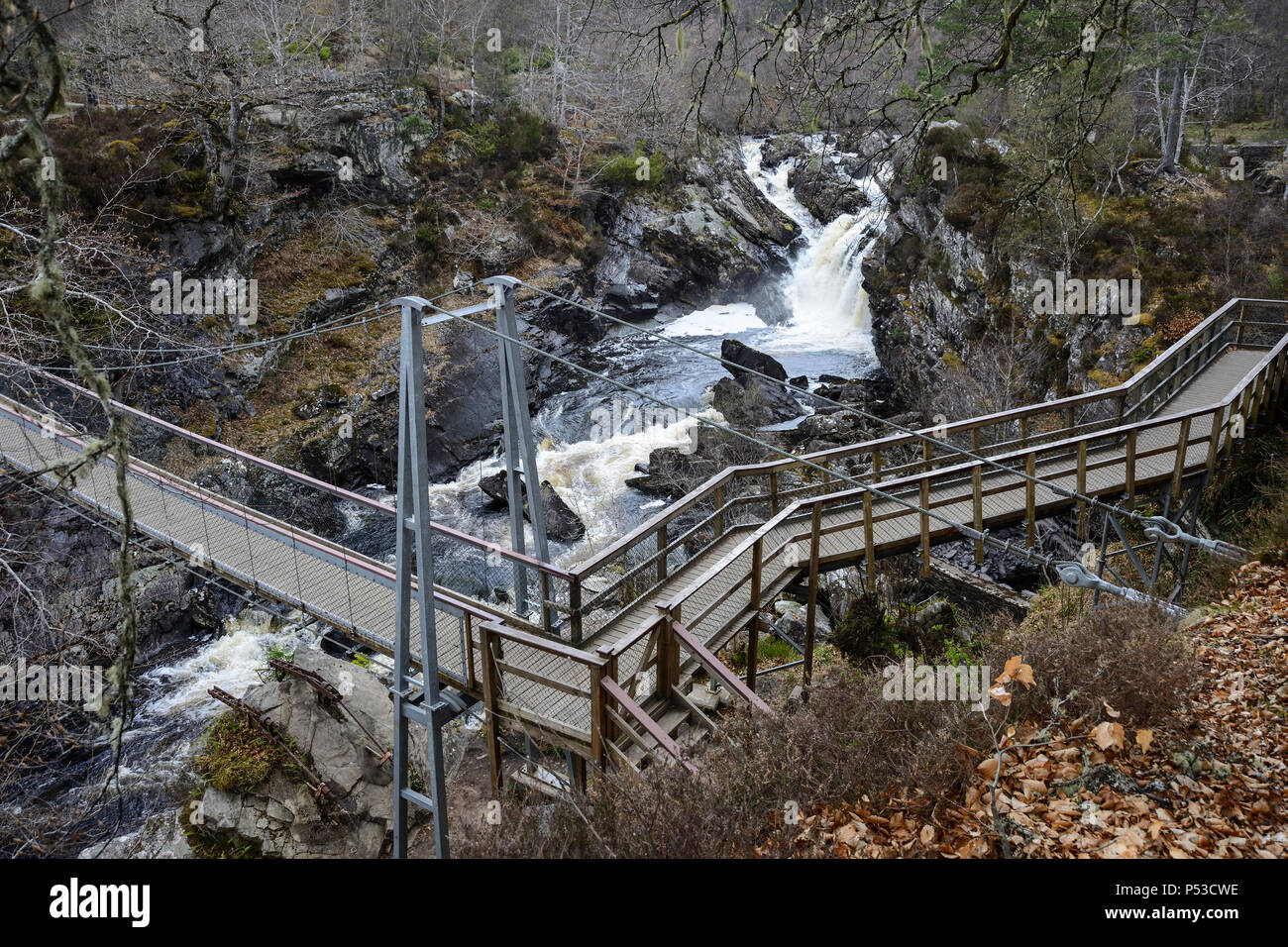 Suspension bridge across the Black Water river at Rogie Falls in Ross-shire in the Highlands of Scotland Stock Photo