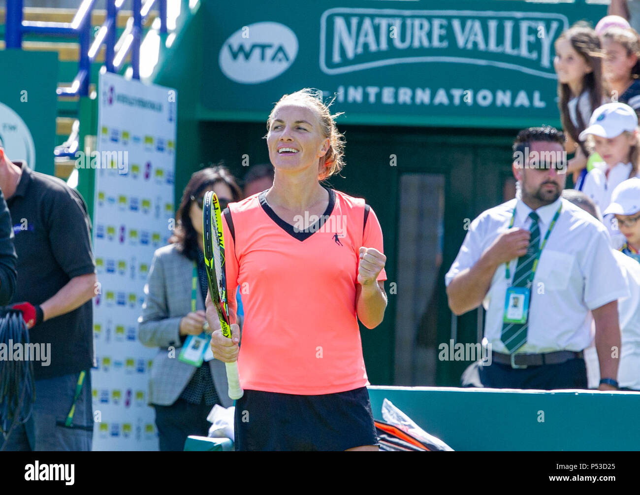 Svetlana Kuznetsova of Russia celebrates her victory over Maria Sakkari of Greece during the Nature Valley International tennis tournament at Devonshire Park in Eastbourne East Sussex UK. 24 June 2018 Stock Photo