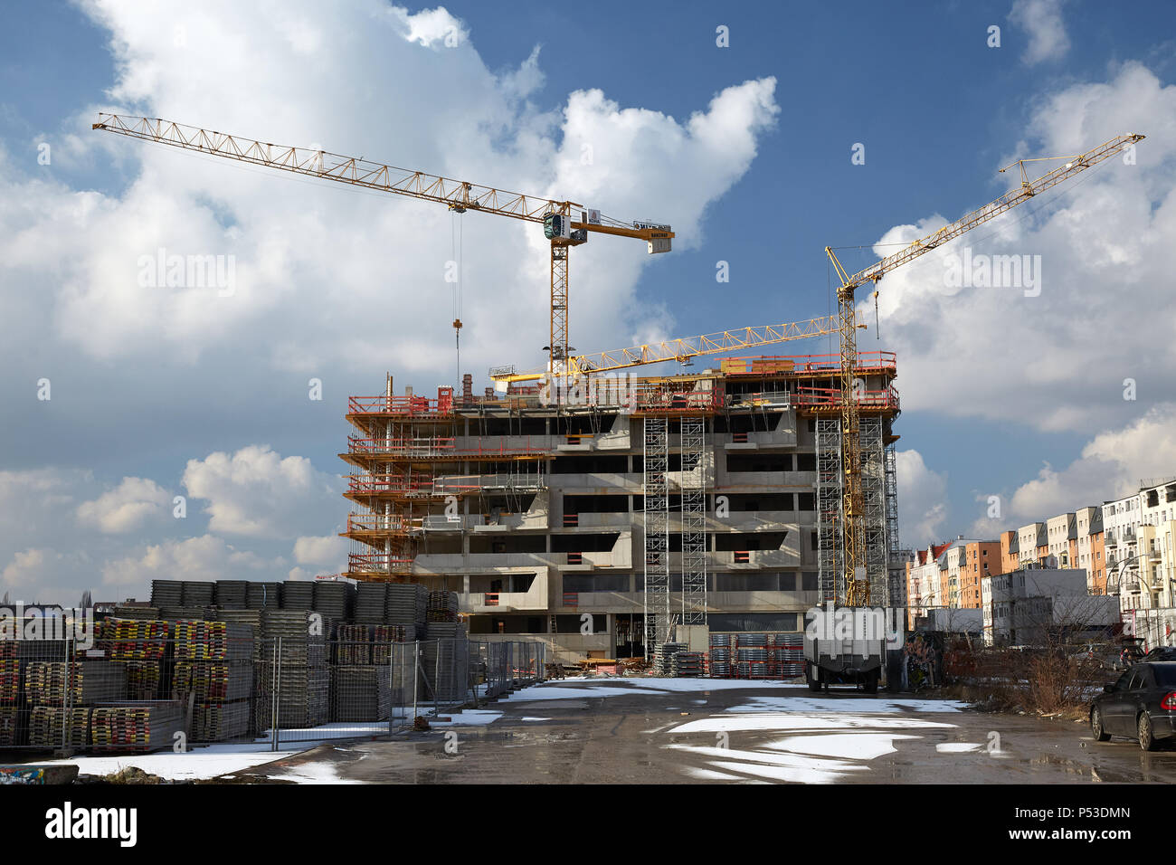 Berlin, Germany - New construction of a residential building in the shell in Berlin-Friedrichshain with striking façade design. Stock Photo