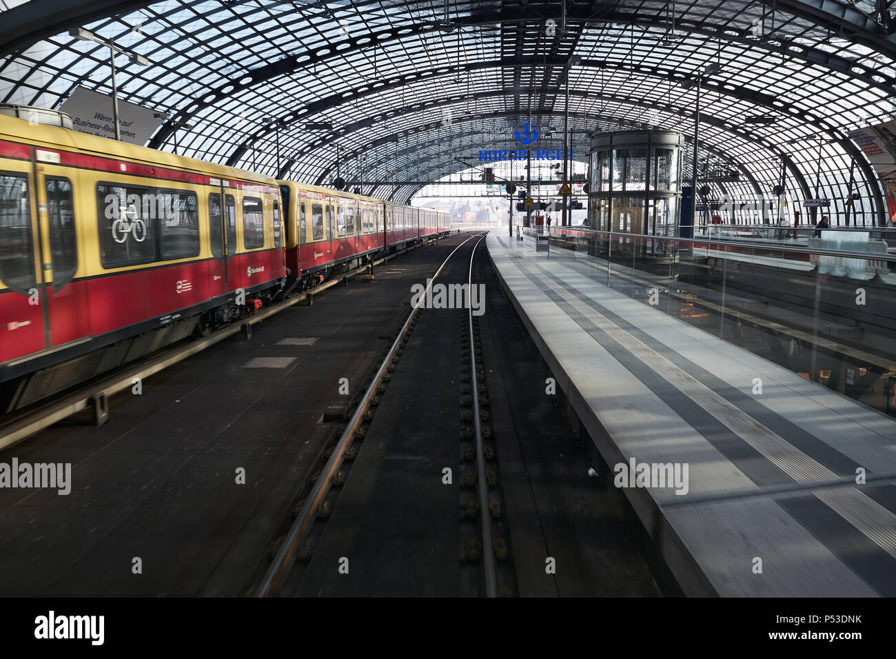 Berlin, Germany - View from the driver's station of a regional train at Berlin main station at the station crossing. Stock Photo