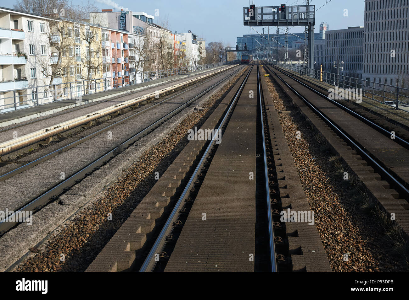 Berlin, Germany - View from the driver's seat of a regional train on the tracks of the city railway near Berlin-Tiergarten. Stock Photo