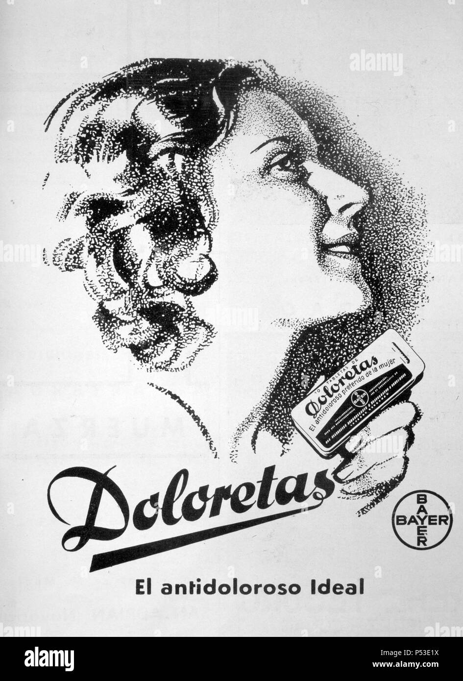 Cartel publicitario de la Casa 'Bayer'. Editado en San Sebastián, en 1938. Guerra Civil 1936-39. España. S.XX. Stock Photo