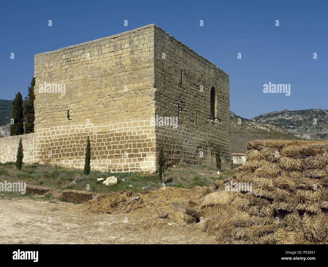 LA RIOJA. FONCEA. Vista general de la TORRE MOCHA, restos de una fortificación construida durante el siglo XIII. Comarca de La Rioja Alta. España. Stock Photo