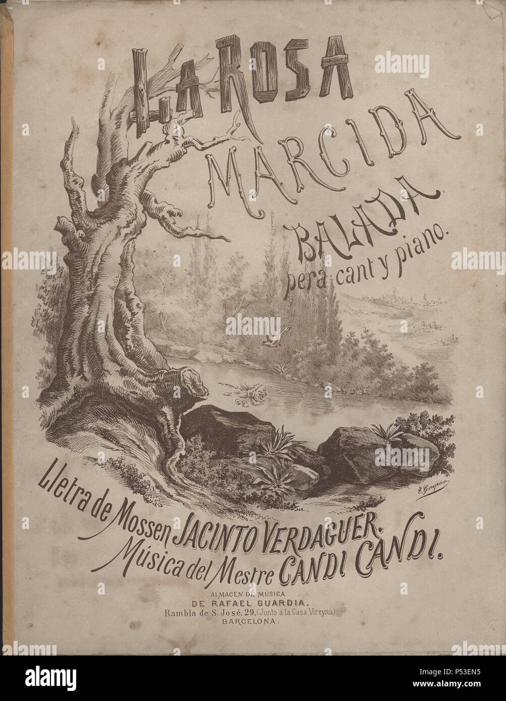 Partitura musical del balada 'La Rosa marcida', letra de Mossén Jacinto Verdaguer, música del maestro Cándido Candi (1844-1911). Barcelona, 1895. Stock Photo