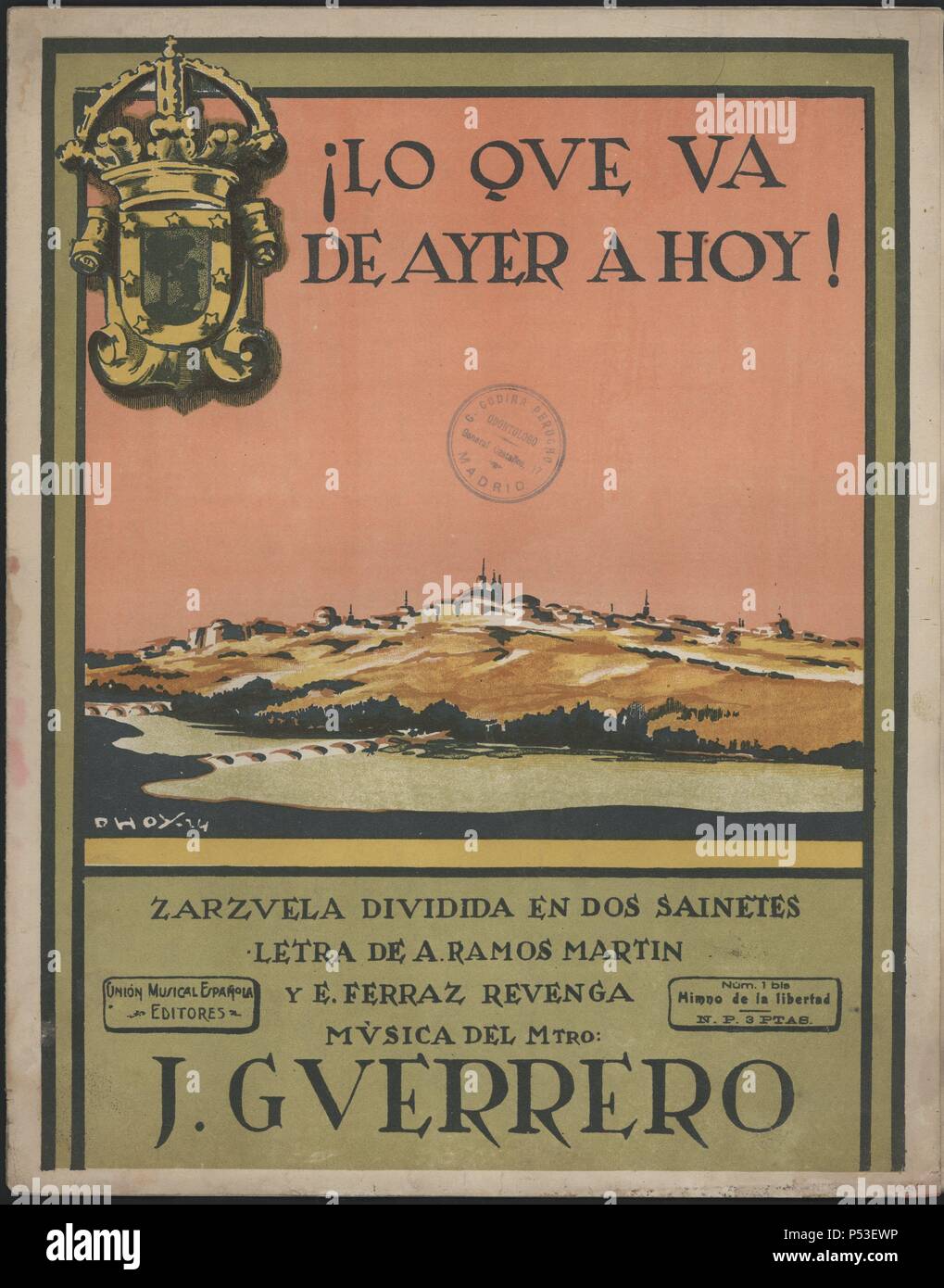 España. Portada de la partitura de la zarzuela ¡Lo que va de ayer a hoy!, del maestro Jacinto Guerrero. Editada en Madrid en 1924. Stock Photo