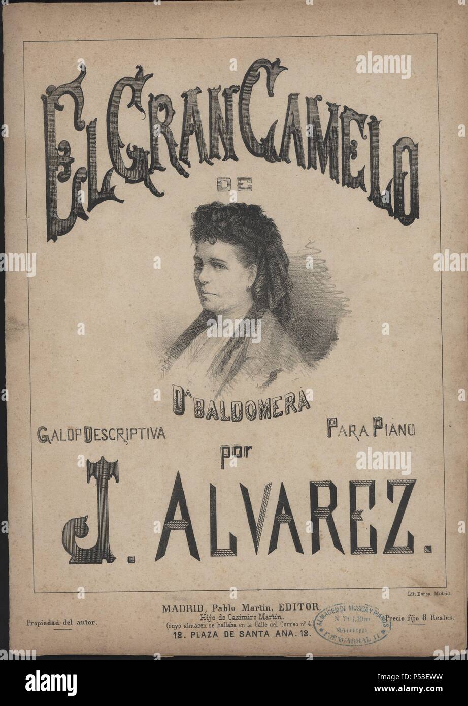 Portada de la partitura EL GRAN CAMELO DE Dª BALDOMERA, galop del maestro J. Alvarez, editada en Madrid en los años 1870. Stock Photo