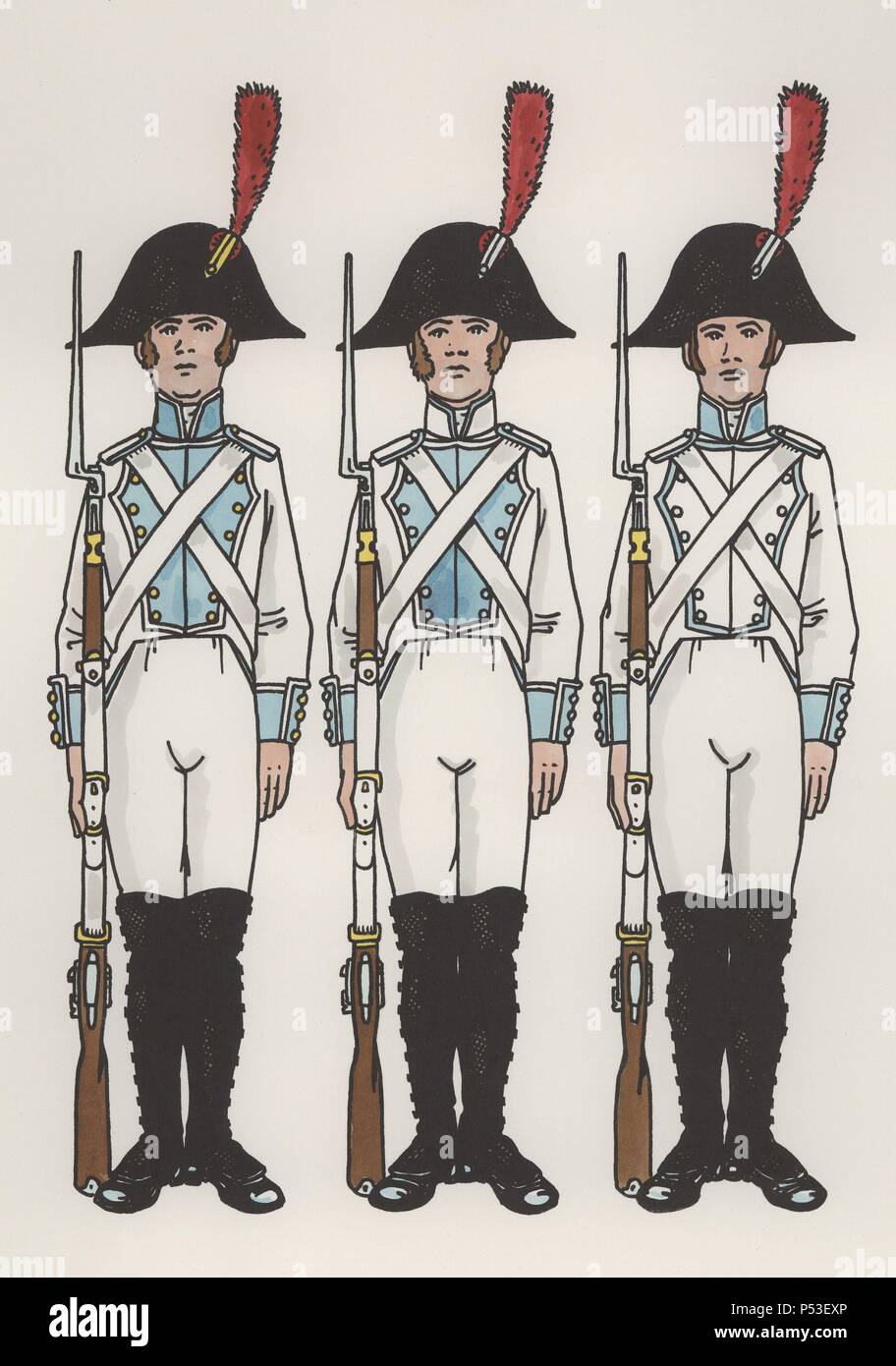 España. Uniformes militares. Siglo XIX. Regimientos infantería de línea de  Granada, Murcia, Cantabria, Valencia y Toledo. Divisa celeste. Año 1808.  Dibujo de Joaquín Pla Dalmau (Girona, 1917-2005 Stock Photo - Alamy