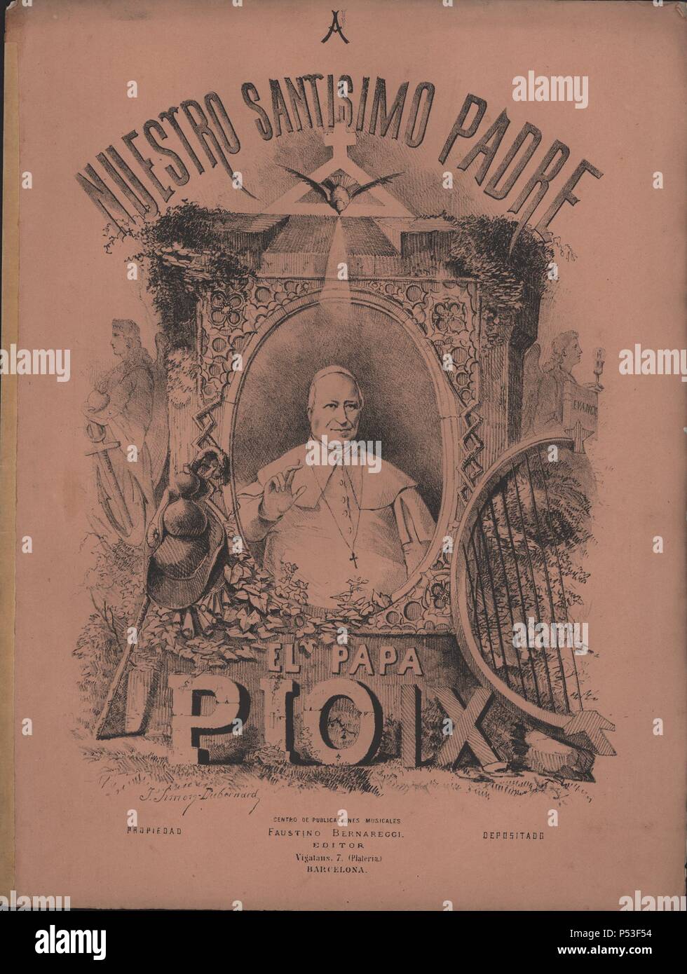 Partitura musical del himno 'A nuestro Santísimo Padre el Papa Pio IX', música de Cándido Candi (1844-1911). Barcelona, año 1881. Stock Photo