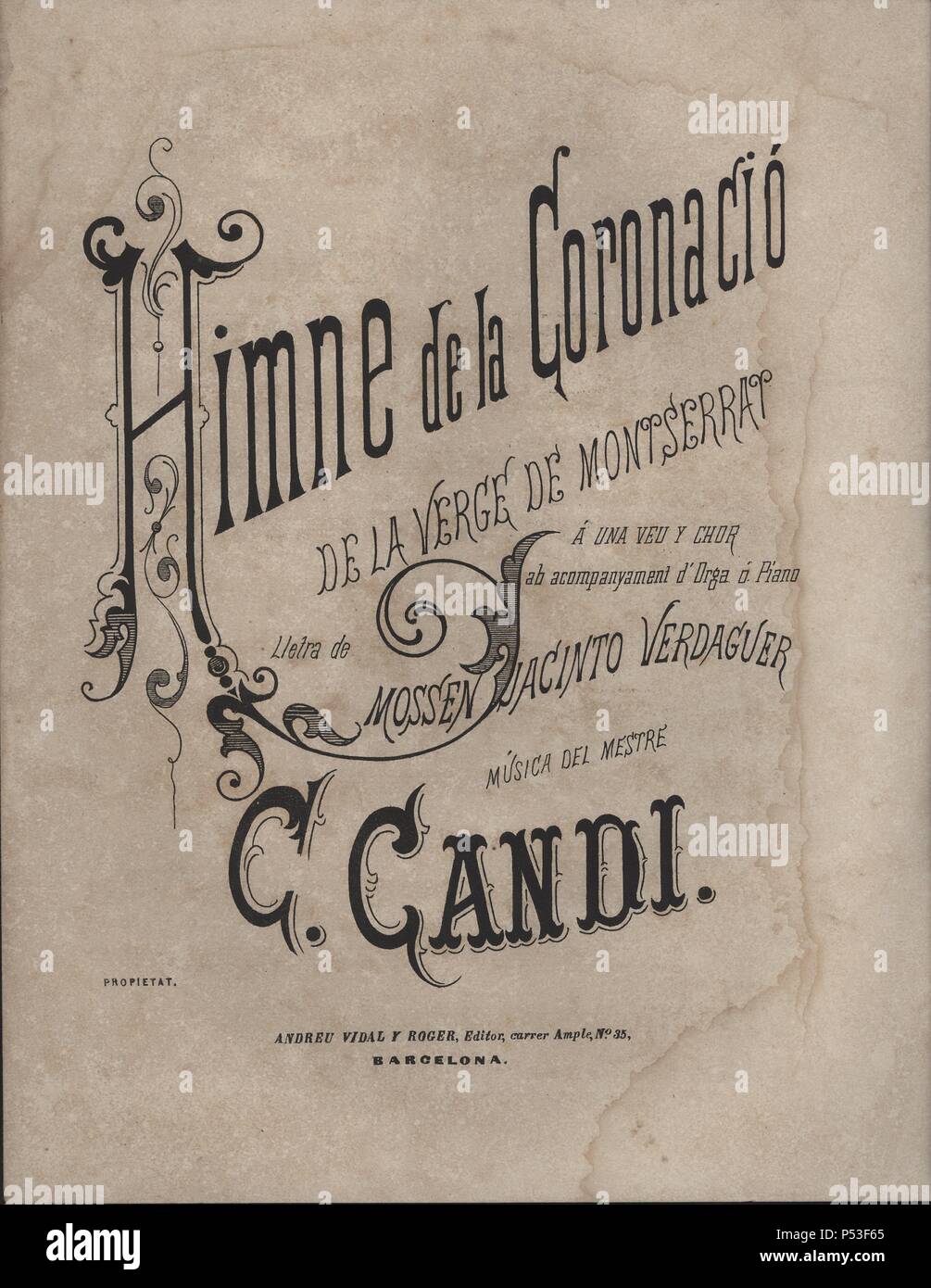 Partitura musical del 'Himne de la Coronació de la Verge de Montserrat', música de Cándido Candi (1844-1911), letra de Mossén Jacinto Verdaguer. Barcelona, 1881. Stock Photo