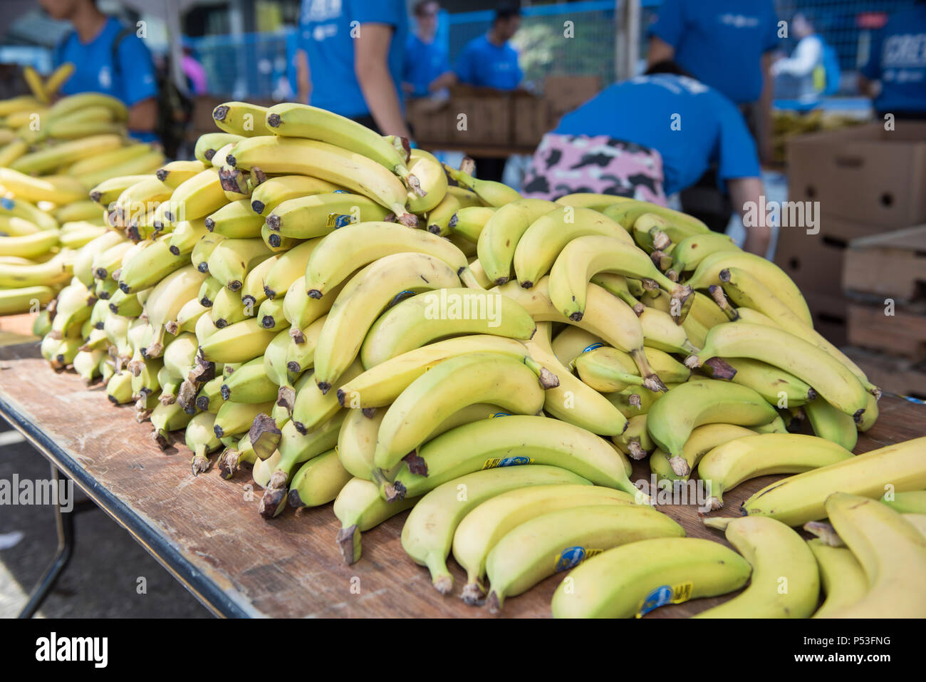 Bananas on a table waiting to be handed out to Vancouver Marathon participants Stock Photo