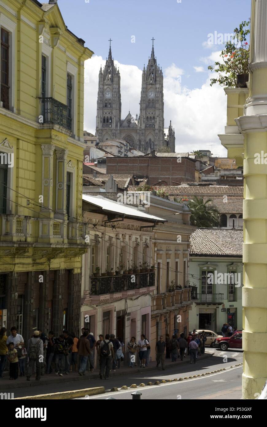 Ecuador.Quito.Historical center.Street of Guayaquil and La Basilica del Voto Nacional (XIX XX century) in the background. . Stock Photo