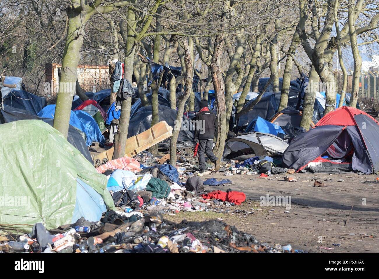 February 19, 2015 - Calais, France: Hundreds of illegal migrants live in tents in an industrial zone of Calais as they wait for an opportunity to get to Britain. The migrants, who come mostly from Erythrea, Ethiopia, Afghanistan, Syria, and Sudan try their luck every night by discreetly boarding trucks about to enter the ferry boat or the Eurotunnel to England. Tentes de migrants dans la 'jungle' tioxide de Calais. Stock Photo