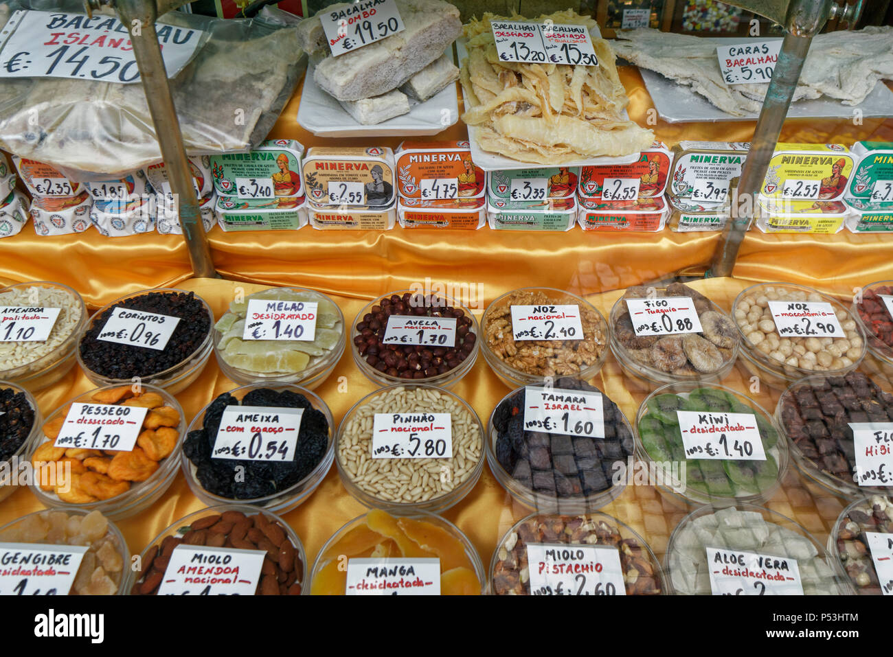 Deli shop window, , Bacalao, Sardines, nuts, Porto, Portugal Stock