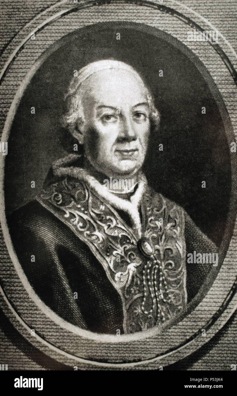 Pope Pius VI (1717-1799). Born Count Giovanni Angelo Braschi. He reigned between 1775-1799. Portrait. Engraving. Stock Photo